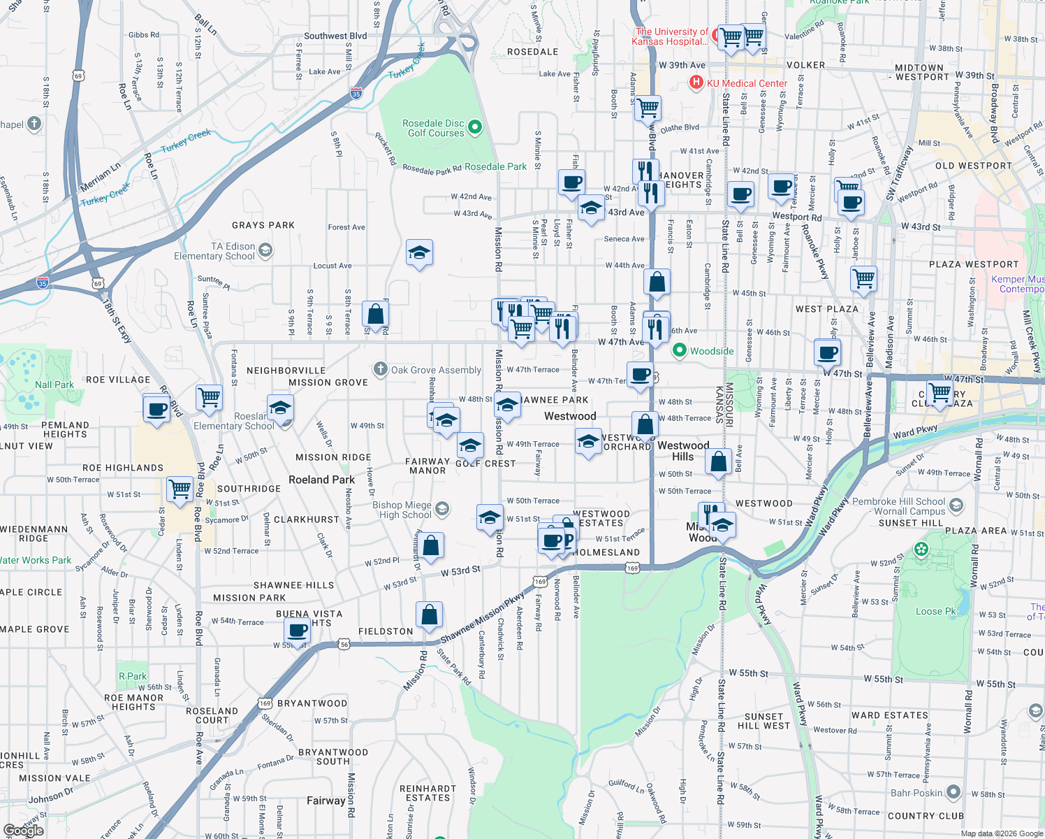 map of restaurants, bars, coffee shops, grocery stores, and more near 2930 West 49th Street in Westwood