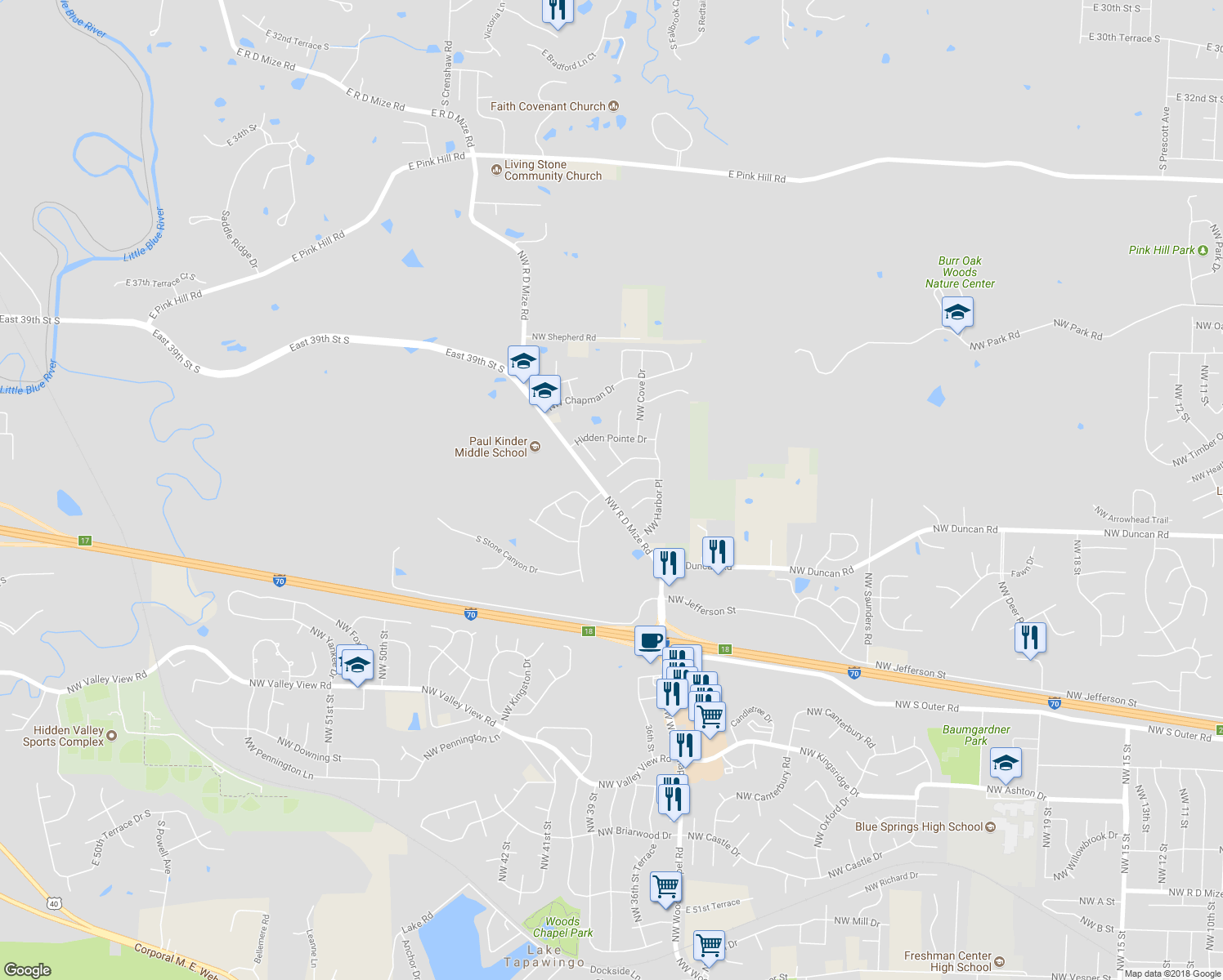 map of restaurants, bars, coffee shops, grocery stores, and more near 3637 Northwest Light House Court in Blue Springs
