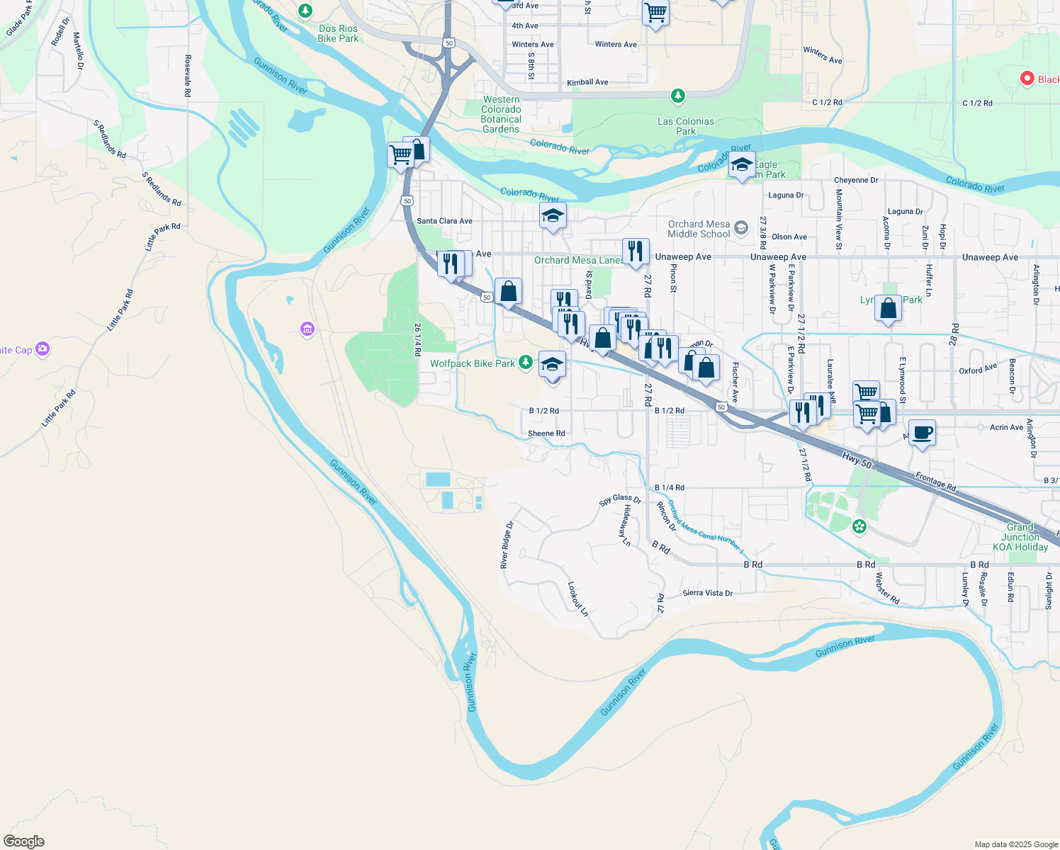 map of restaurants, bars, coffee shops, grocery stores, and more near 2661 Kassy Court in Grand Junction