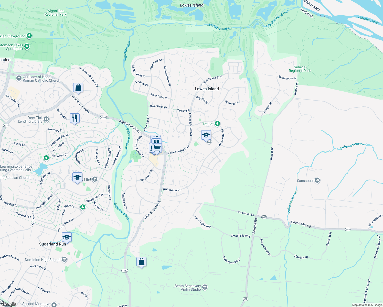 map of restaurants, bars, coffee shops, grocery stores, and more near 47587 Sandbank Square in Sterling