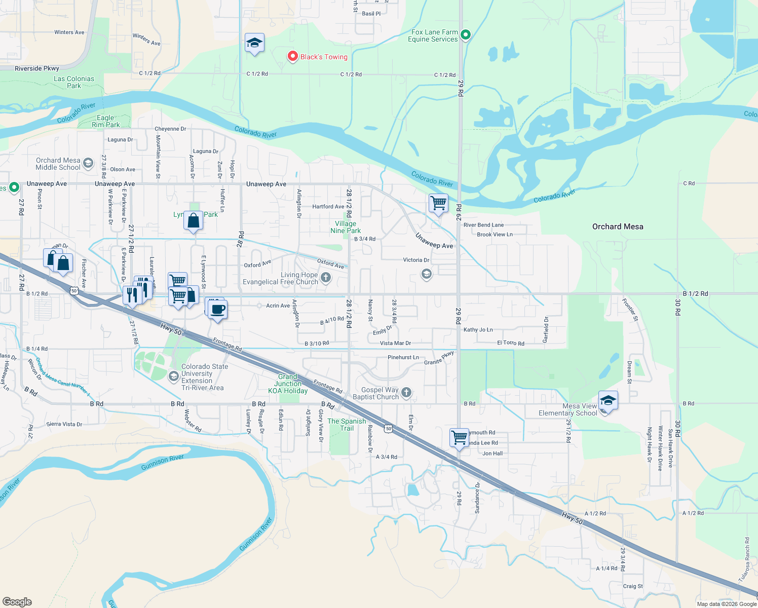 map of restaurants, bars, coffee shops, grocery stores, and more near 248 Thistle Dr in Grand Junction