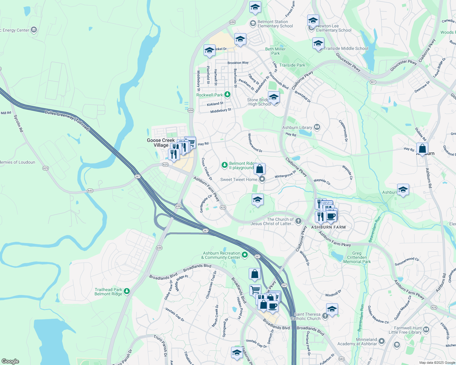 map of restaurants, bars, coffee shops, grocery stores, and more near 42966 Farmingdale Drive in Ashburn