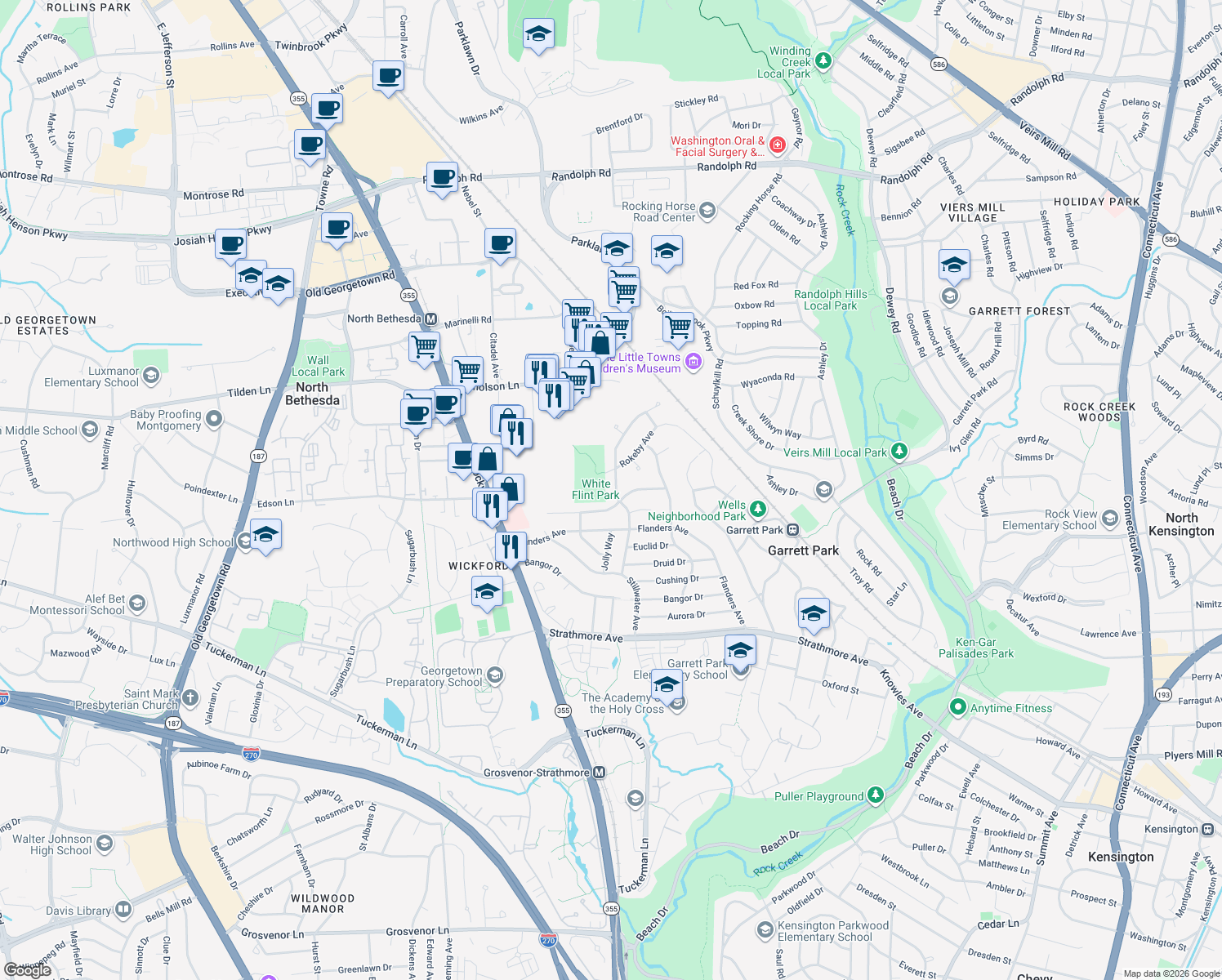 map of restaurants, bars, coffee shops, grocery stores, and more near 11218 Orleans Way in Kensington