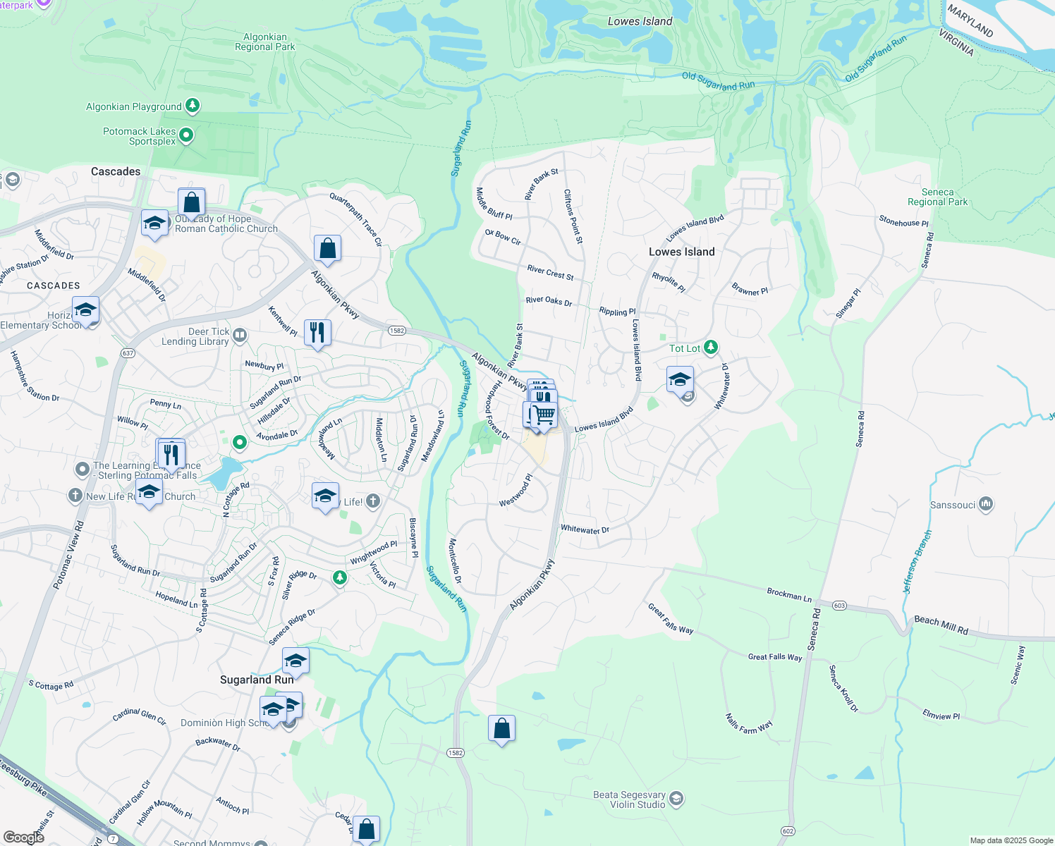 map of restaurants, bars, coffee shops, grocery stores, and more near 20772 Bridalveil Falls Terrace in Sterling