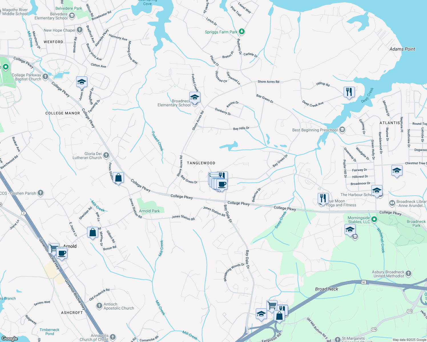 map of restaurants, bars, coffee shops, grocery stores, and more near 500 Andrew Hill Road in Arnold