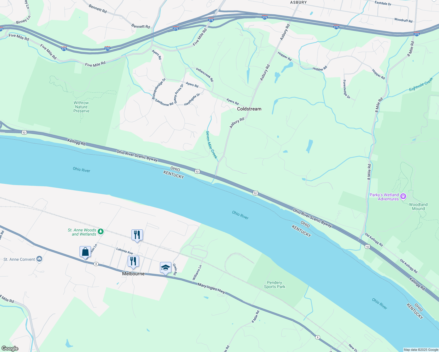 map of restaurants, bars, coffee shops, grocery stores, and more near 107 Asbury Road in Cincinnati