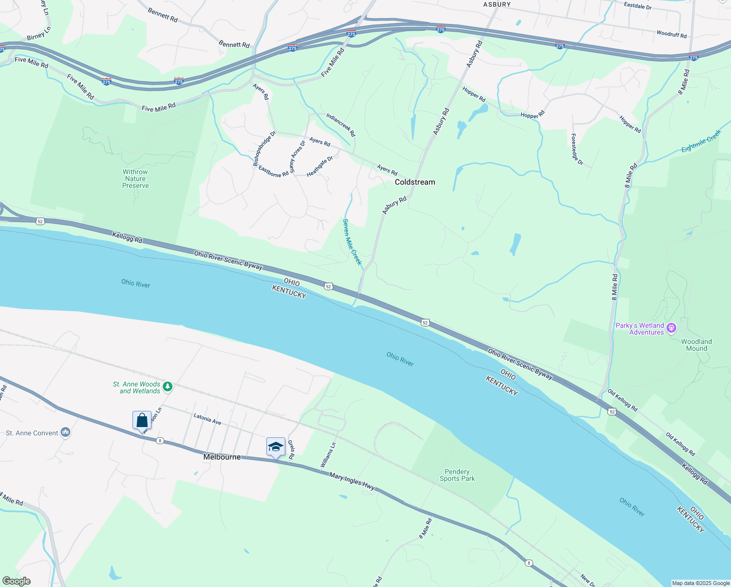 map of restaurants, bars, coffee shops, grocery stores, and more near 107 Asbury Road in Cincinnati