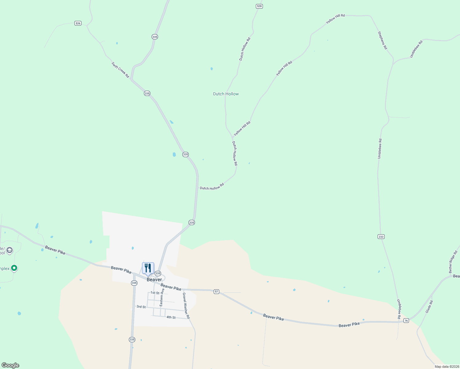 map of restaurants, bars, coffee shops, grocery stores, and more near 230 Dutch Hollow Road in Beaver