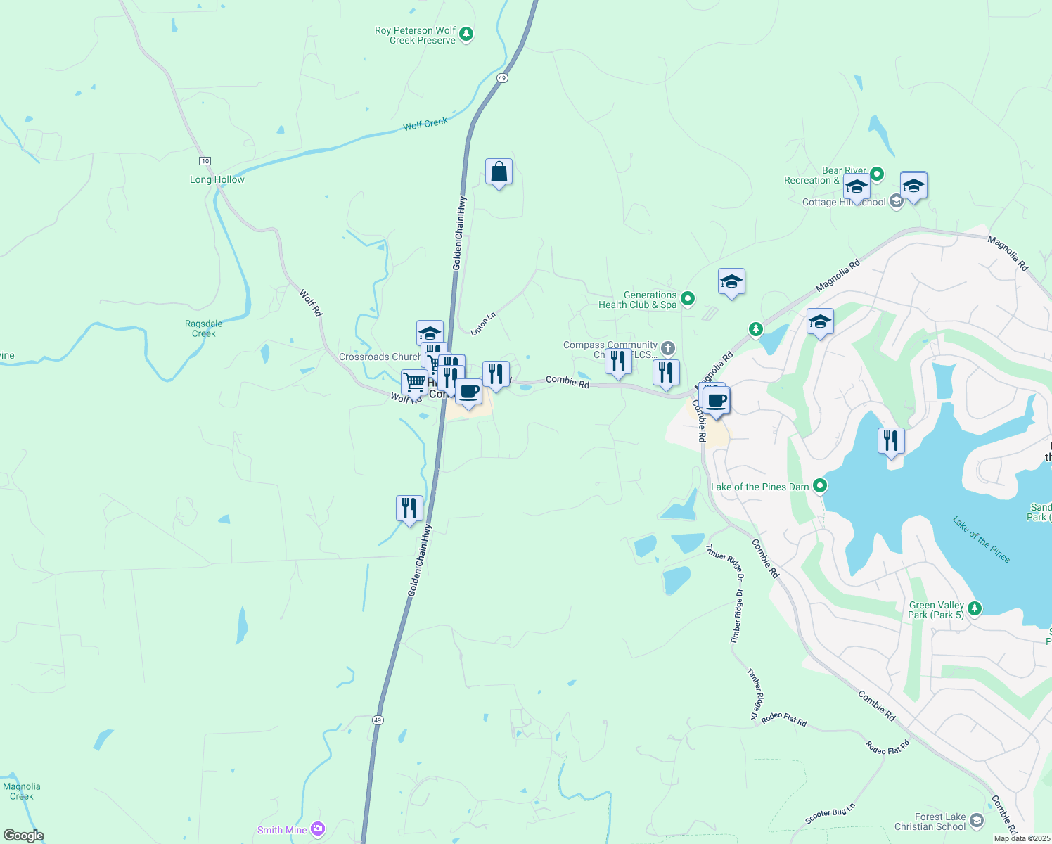 map of restaurants, bars, coffee shops, grocery stores, and more near 10356 Woodridge Drive in Auburn