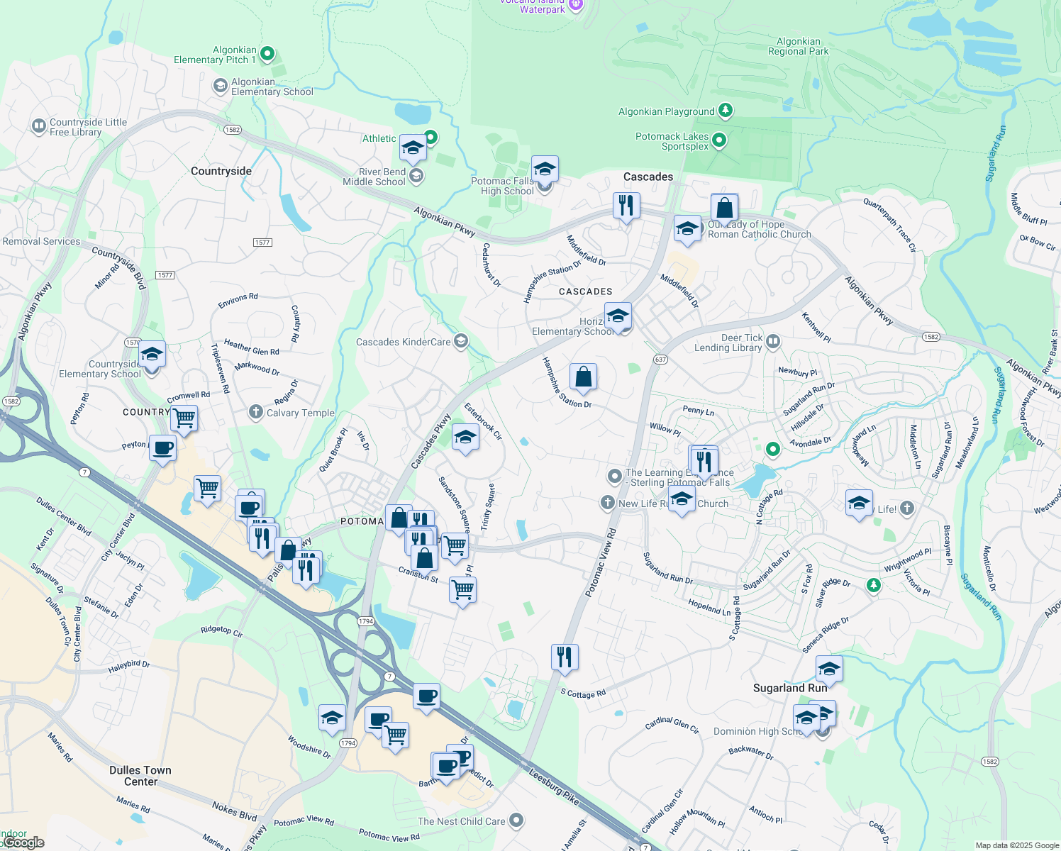 map of restaurants, bars, coffee shops, grocery stores, and more near 20757 Eastlake Court in Sterling