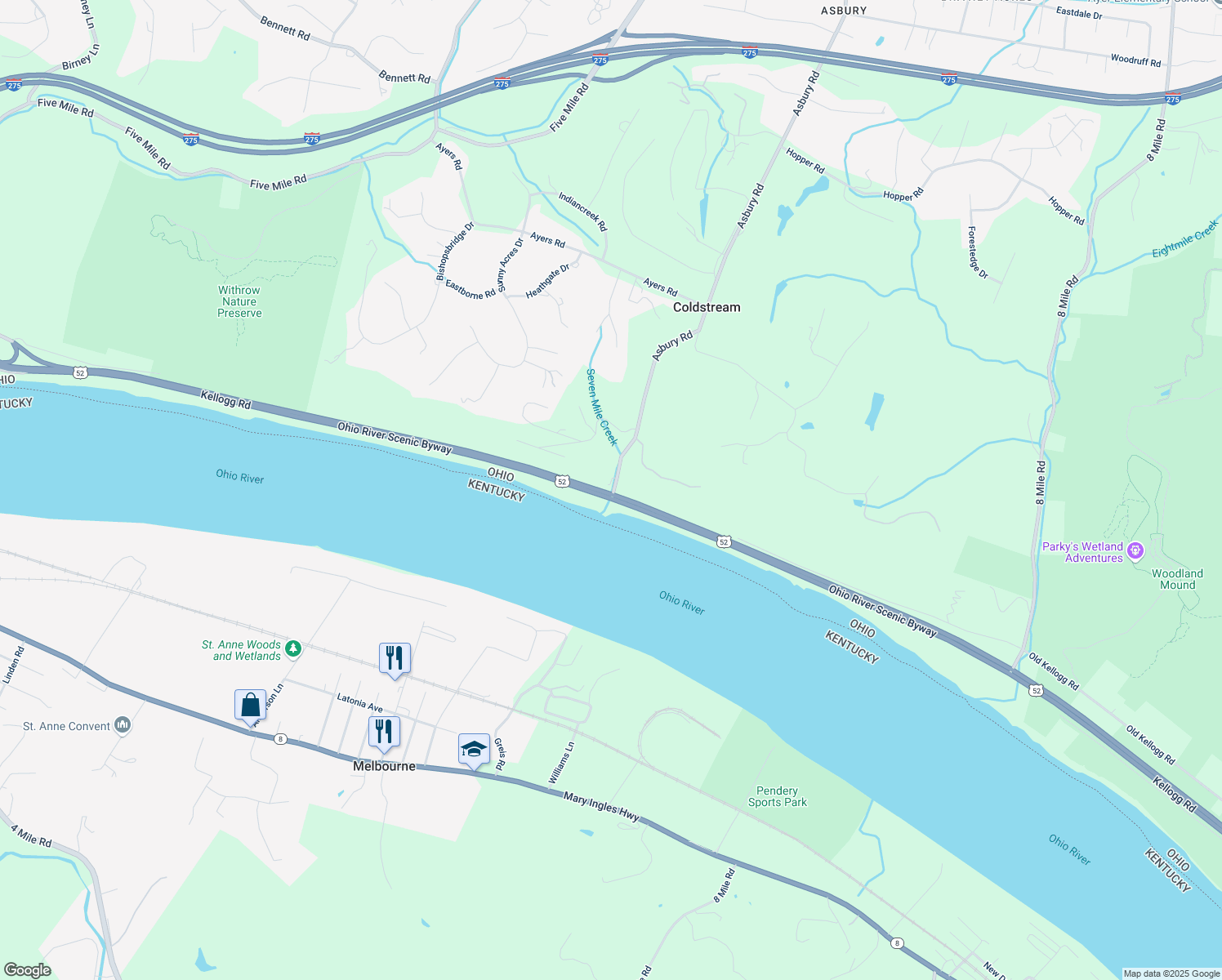 map of restaurants, bars, coffee shops, grocery stores, and more near 107 Asbury Road in Cincinnati