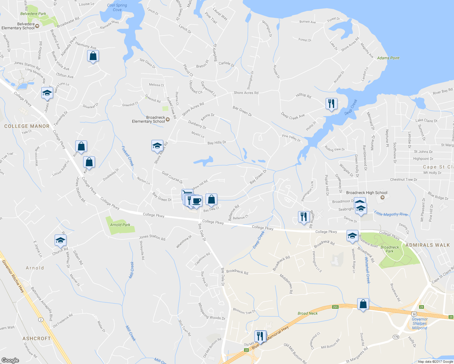 map of restaurants, bars, coffee shops, grocery stores, and more near 724 Rusack Court in Arnold