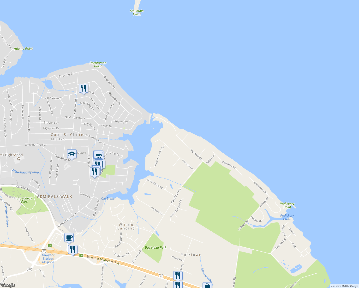 map of restaurants, bars, coffee shops, grocery stores, and more near 1406 Bay Head Road in Annapolis