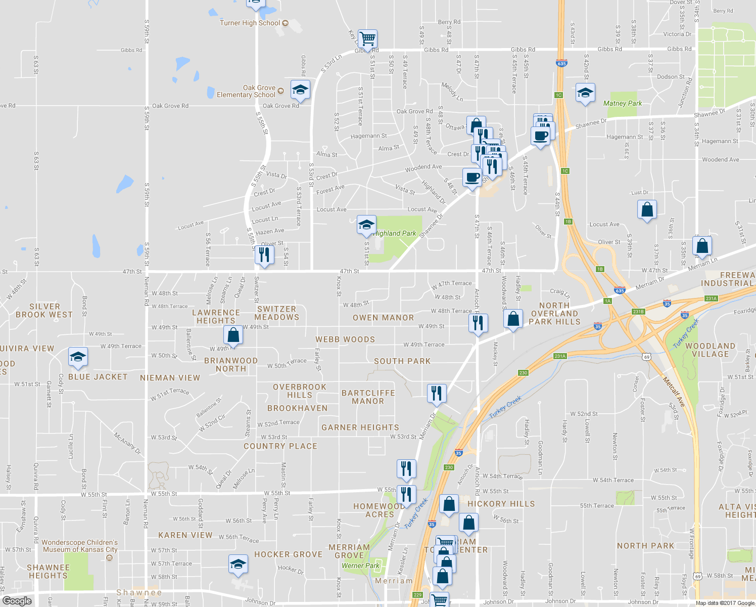 map of restaurants, bars, coffee shops, grocery stores, and more near 9407 West 48th Street in Shawnee