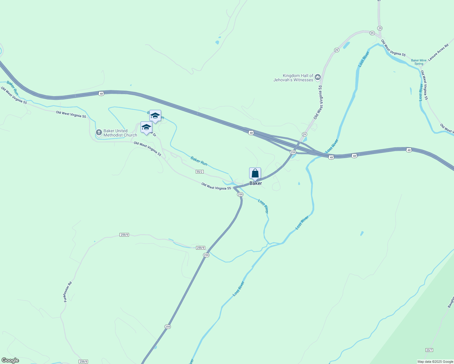 map of restaurants, bars, coffee shops, grocery stores, and more near 135 Old Baker Road in Baker