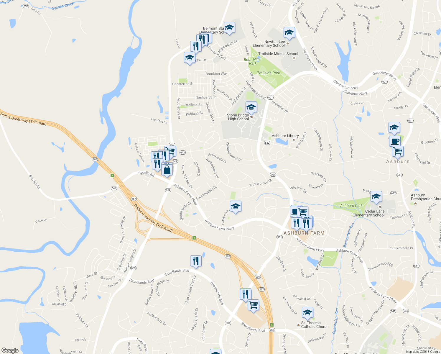 map of restaurants, bars, coffee shops, grocery stores, and more near 43120 Wintergrove Drive in Ashburn