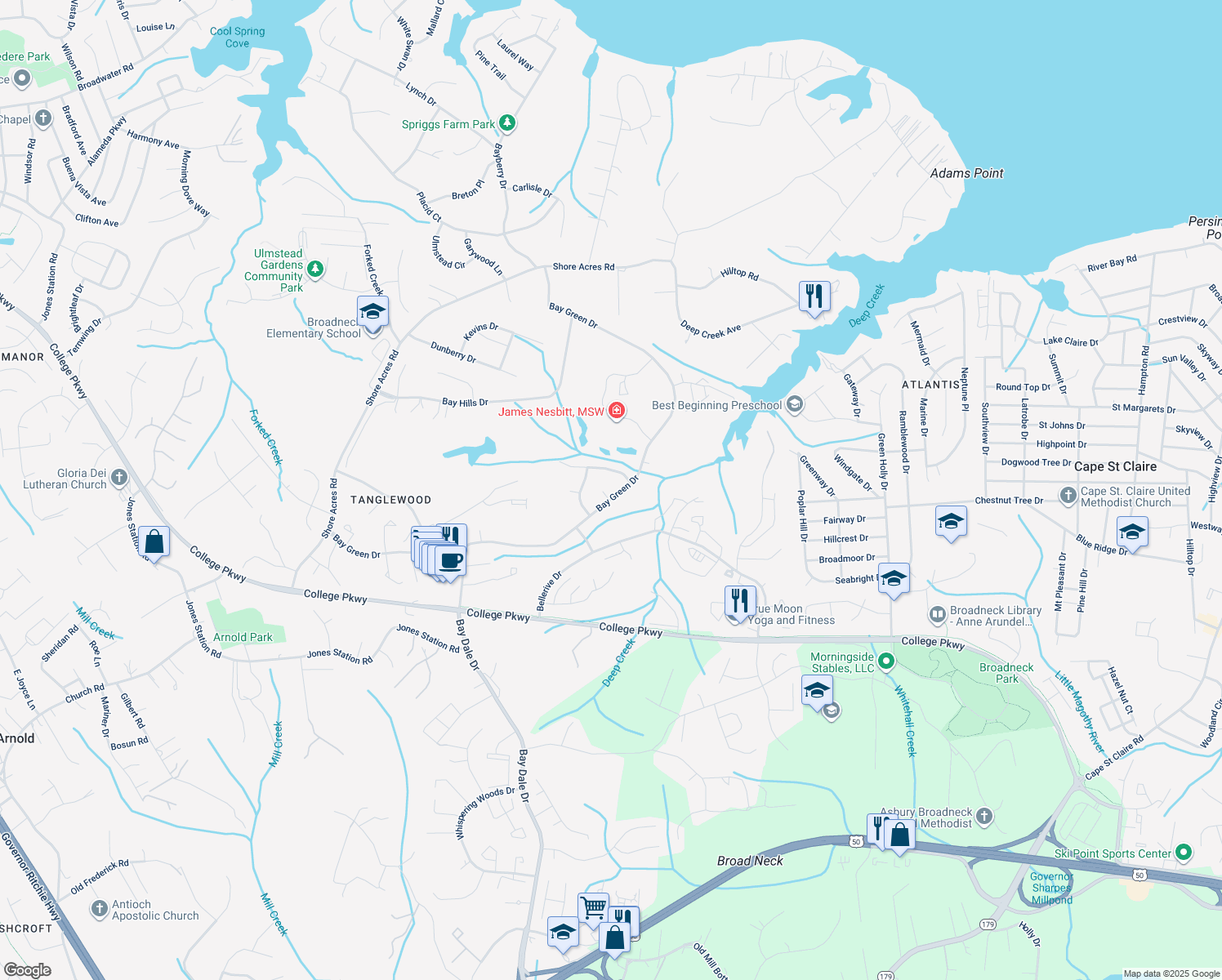map of restaurants, bars, coffee shops, grocery stores, and more near 554 Bay Green Drive in Arnold