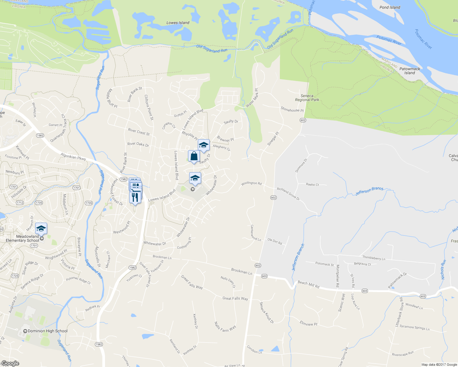 map of restaurants, bars, coffee shops, grocery stores, and more near 47773 Rafter Court in Sterling