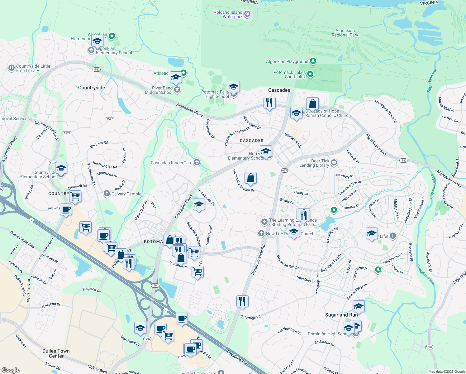 map of restaurants, bars, coffee shops, grocery stores, and more near 46468 Montgomery Place in Sterling