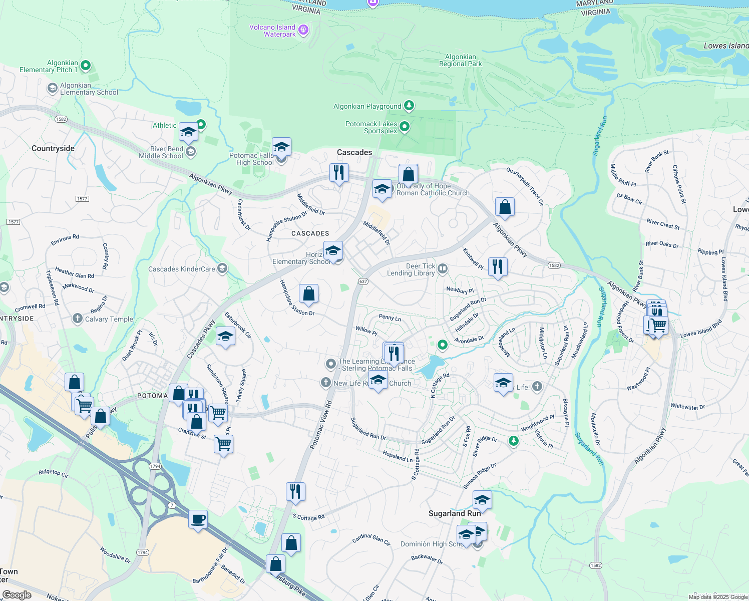 map of restaurants, bars, coffee shops, grocery stores, and more near 20687 Smithfield Court in Sterling