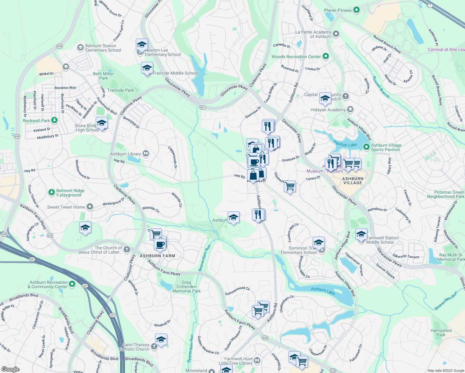 map of restaurants, bars, coffee shops, grocery stores, and more near 43650 Glen Castle Court in Ashburn