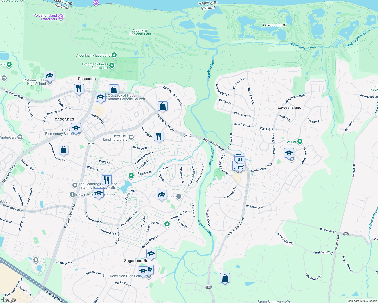 map of restaurants, bars, coffee shops, grocery stores, and more near 444 Sugarland Run Drive in Sterling