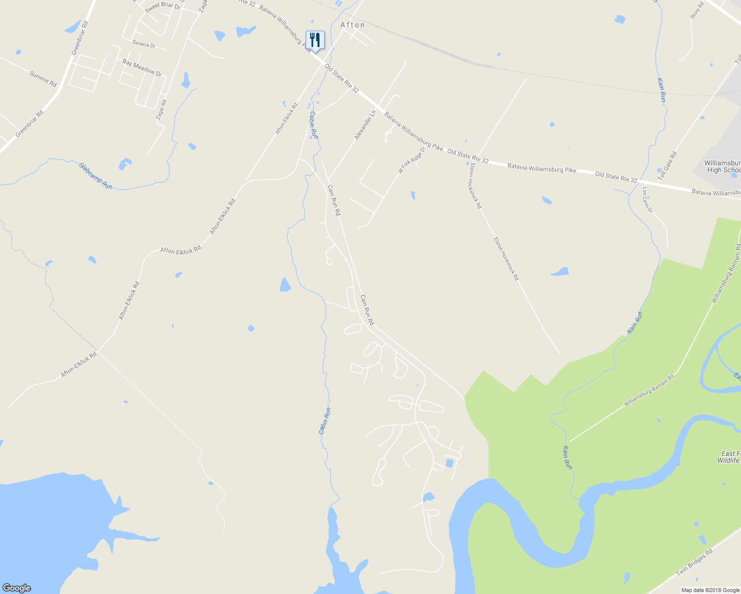 map of restaurants, bars, coffee shops, grocery stores, and more near 3872 Cain Run Road in Batavia