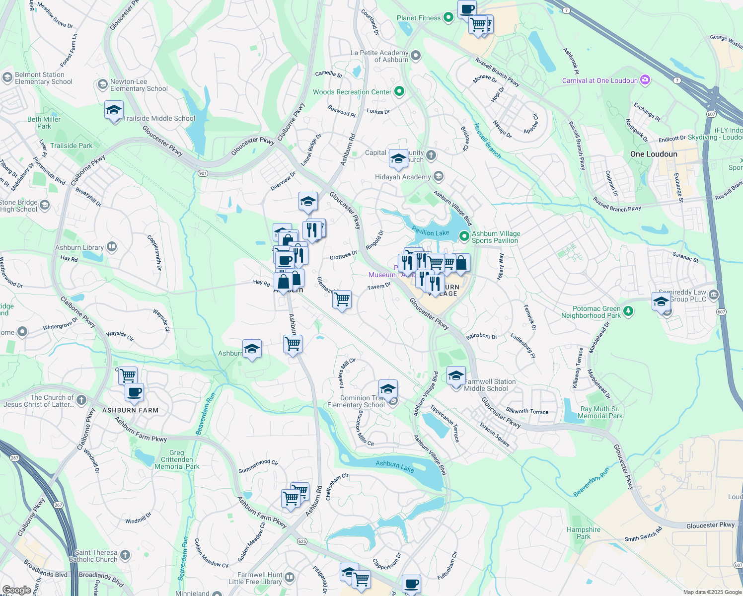 map of restaurants, bars, coffee shops, grocery stores, and more near 20709 Globe Mills Ct in Ashburn