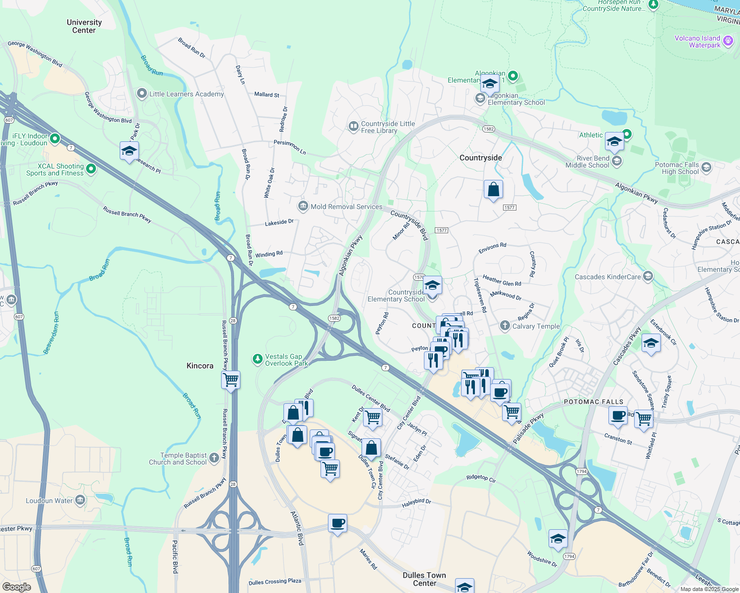map of restaurants, bars, coffee shops, grocery stores, and more near 20656 Sutherlin Place in Sterling