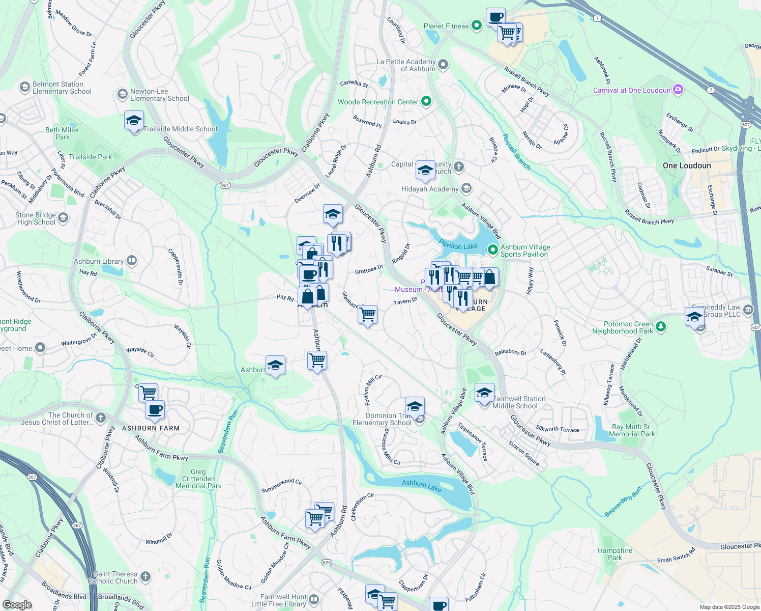 map of restaurants, bars, coffee shops, grocery stores, and more near 20698 Tally Ho Court in Ashburn