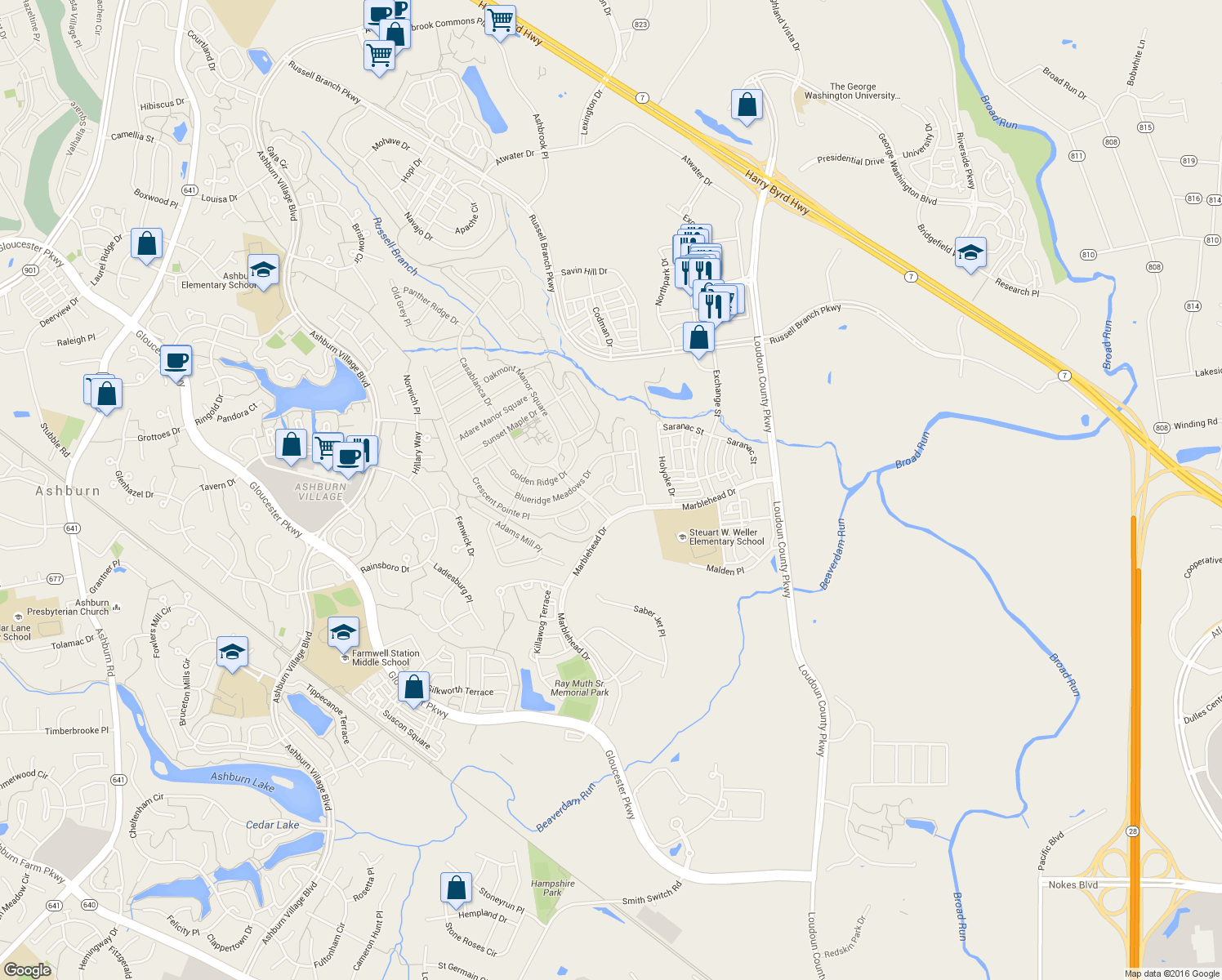 map of restaurants, bars, coffee shops, grocery stores, and more near 20743 Crescent Pointe Place in Ashburn