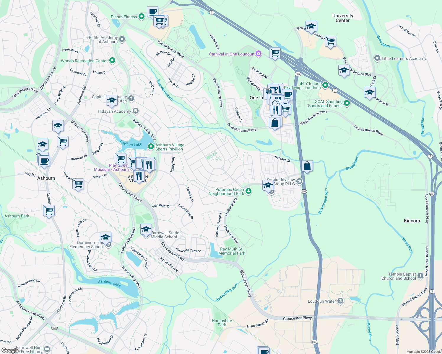 map of restaurants, bars, coffee shops, grocery stores, and more near 20659 Golden Ridge Drive in Ashburn