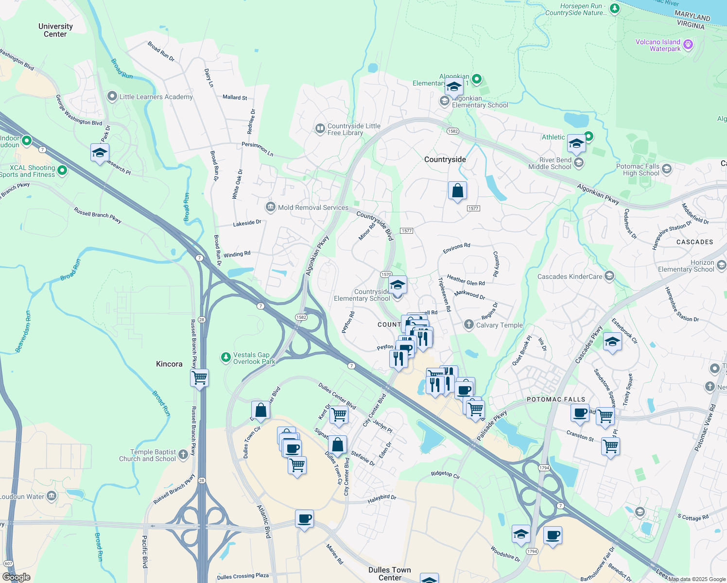 map of restaurants, bars, coffee shops, grocery stores, and more near 4 Clapham Court in Sterling