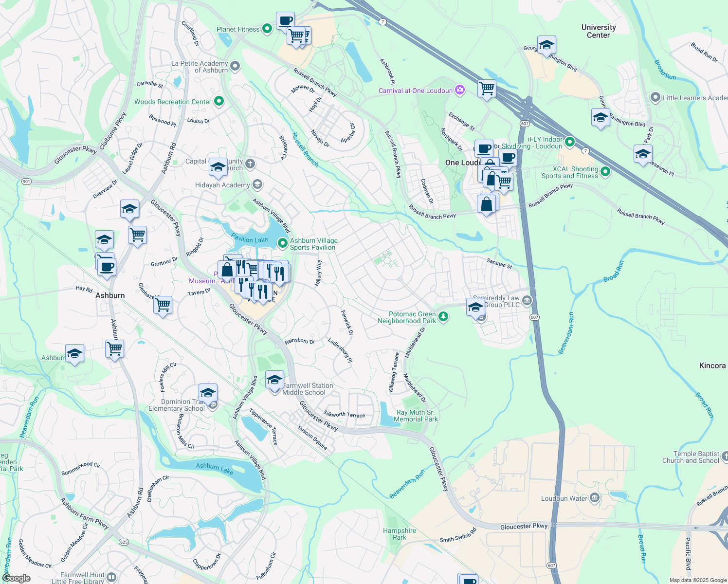 map of restaurants, bars, coffee shops, grocery stores, and more near 44405 Blueridge Meadows Drive in Ashburn