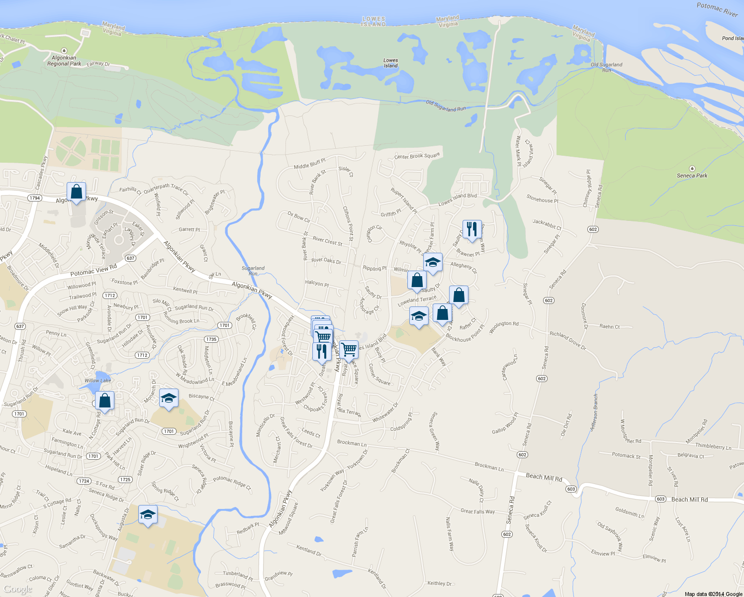map of restaurants, bars, coffee shops, grocery stores, and more near 47569 Saulty Drive in Sterling