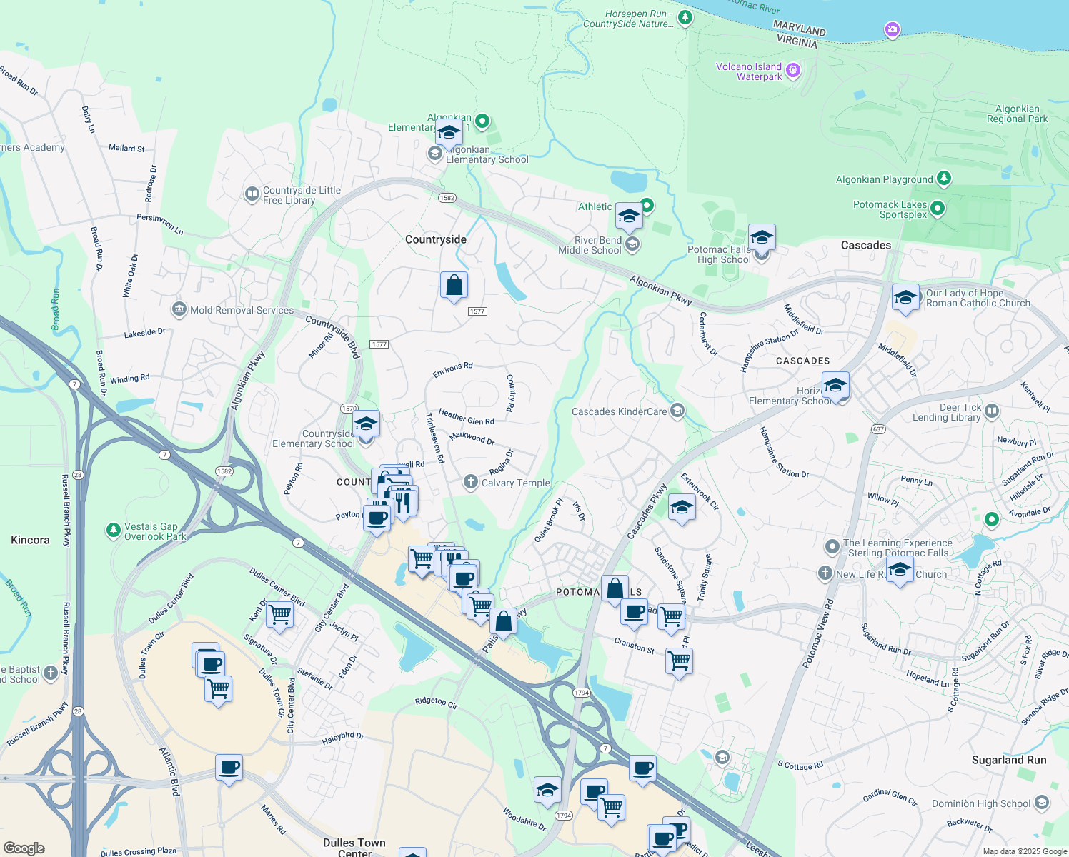 map of restaurants, bars, coffee shops, grocery stores, and more near 211 Heather Glen Road in Sterling