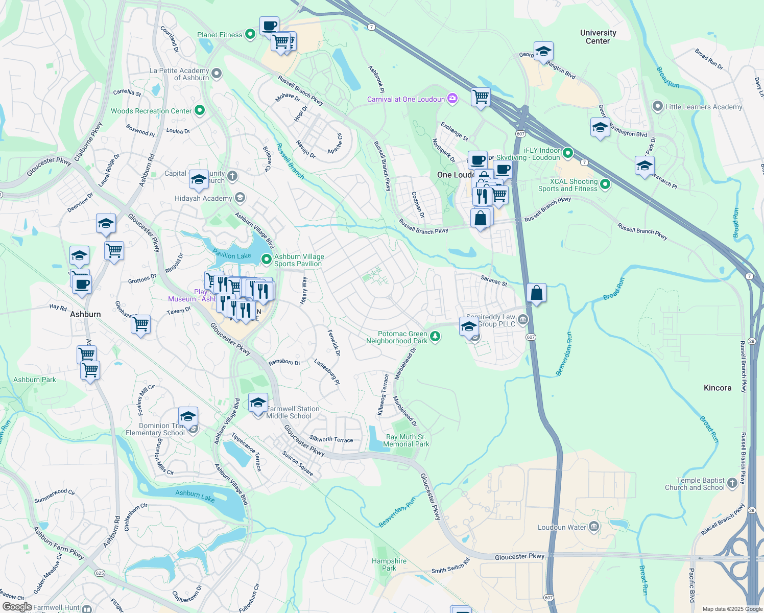 map of restaurants, bars, coffee shops, grocery stores, and more near 20650 Golden Ridge Drive in Ashburn