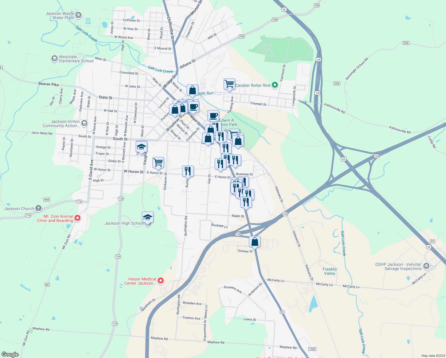 map of restaurants, bars, coffee shops, grocery stores, and more near 393 East Huron Street in Jackson