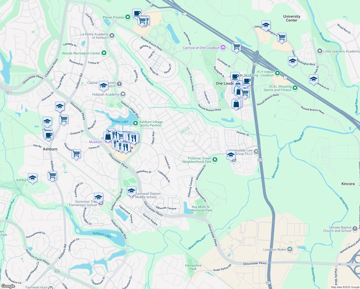 map of restaurants, bars, coffee shops, grocery stores, and more near 20611 Golden Ridge Drive in Ashburn