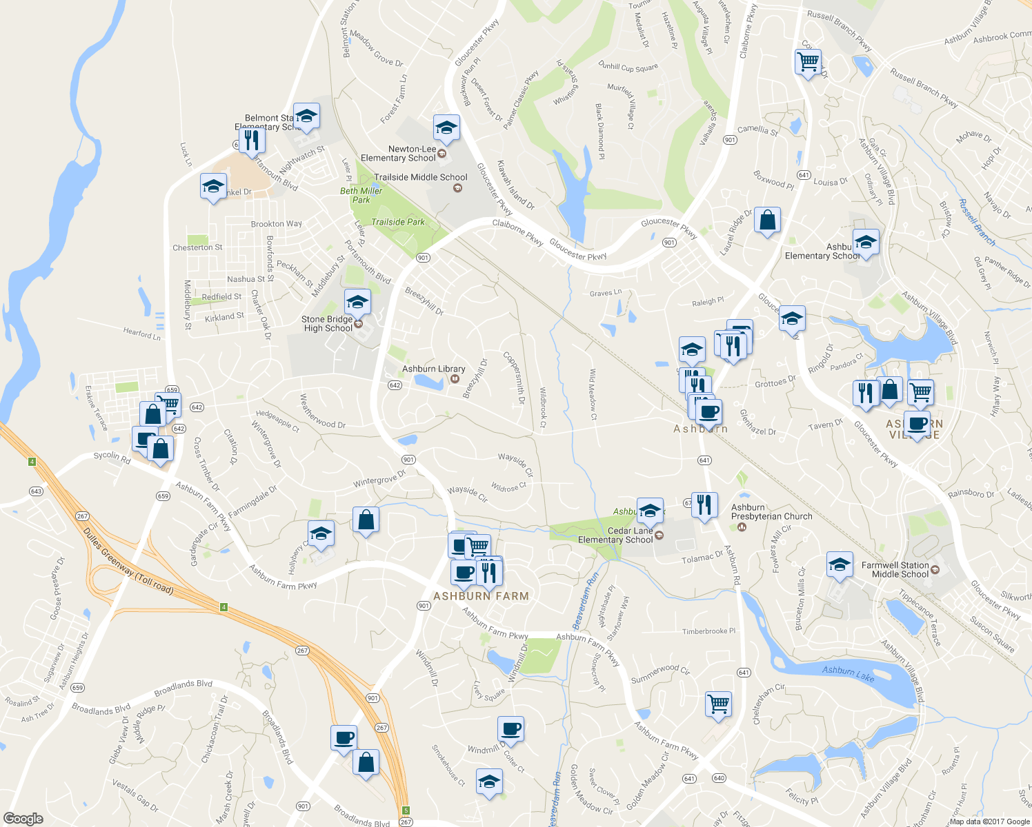 map of restaurants, bars, coffee shops, grocery stores, and more near 20667 Coppersmith Drive in Ashburn