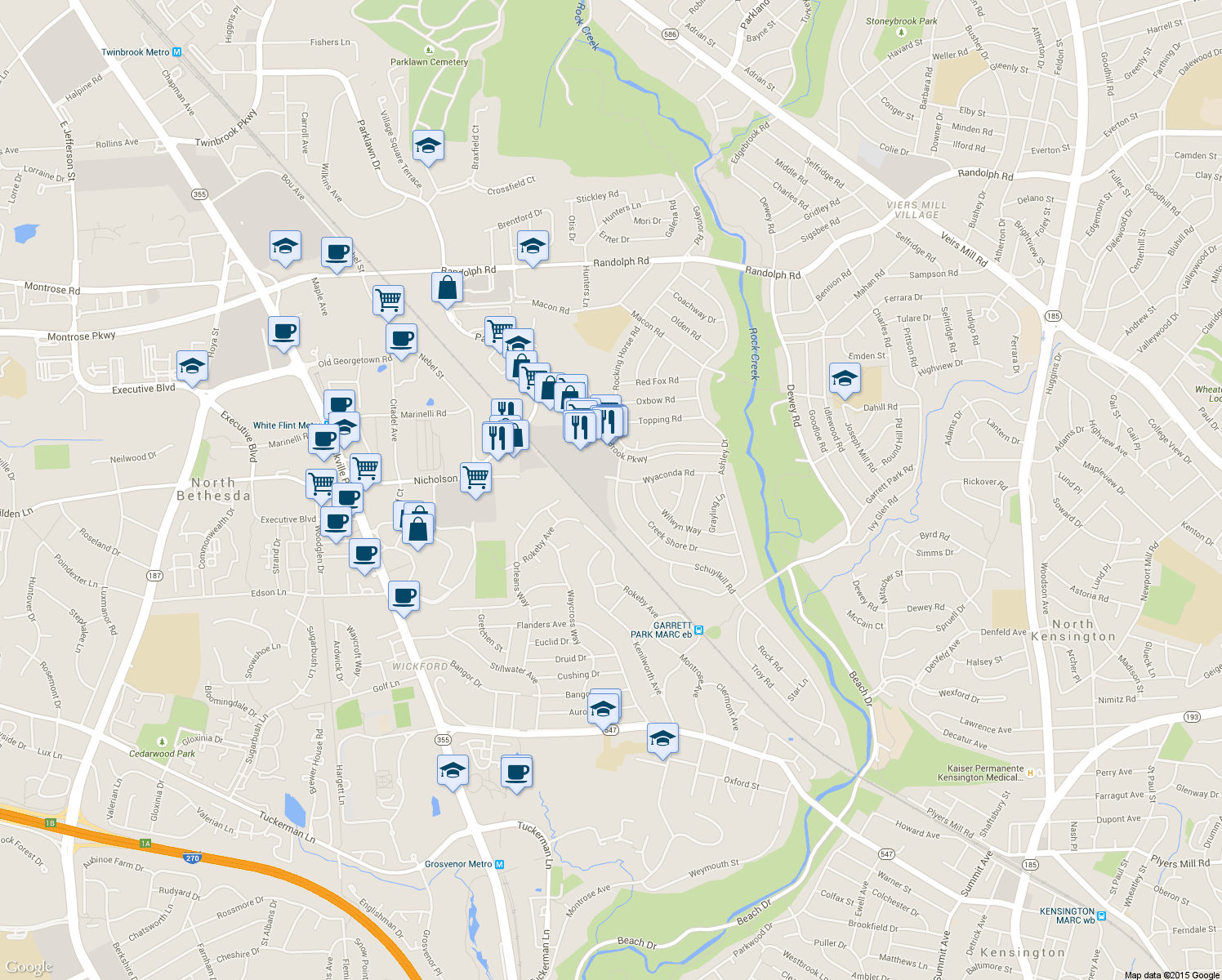 map of restaurants, bars, coffee shops, grocery stores, and more near 4920-4940 Wyaconda Rd in North Bethesda