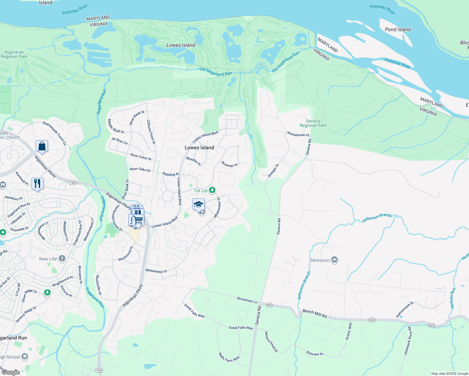 map of restaurants, bars, coffee shops, grocery stores, and more near 47804 Allegheny Circle in Sterling