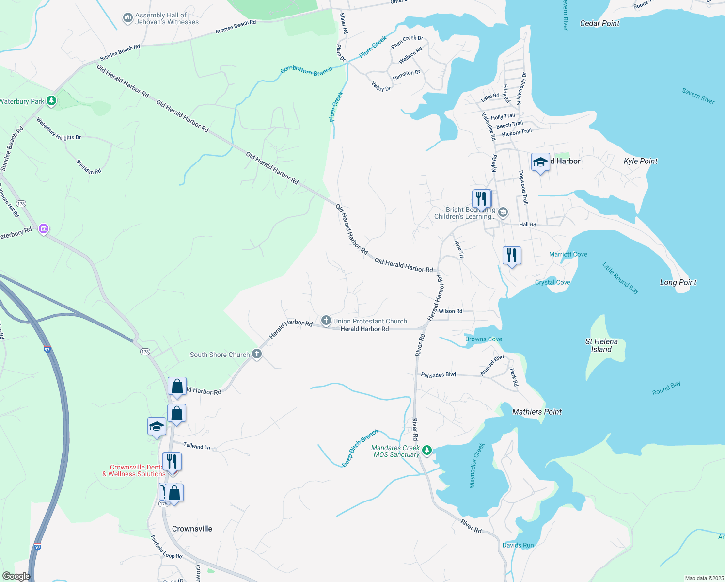 map of restaurants, bars, coffee shops, grocery stores, and more near 504 Teak Road in Crownsville