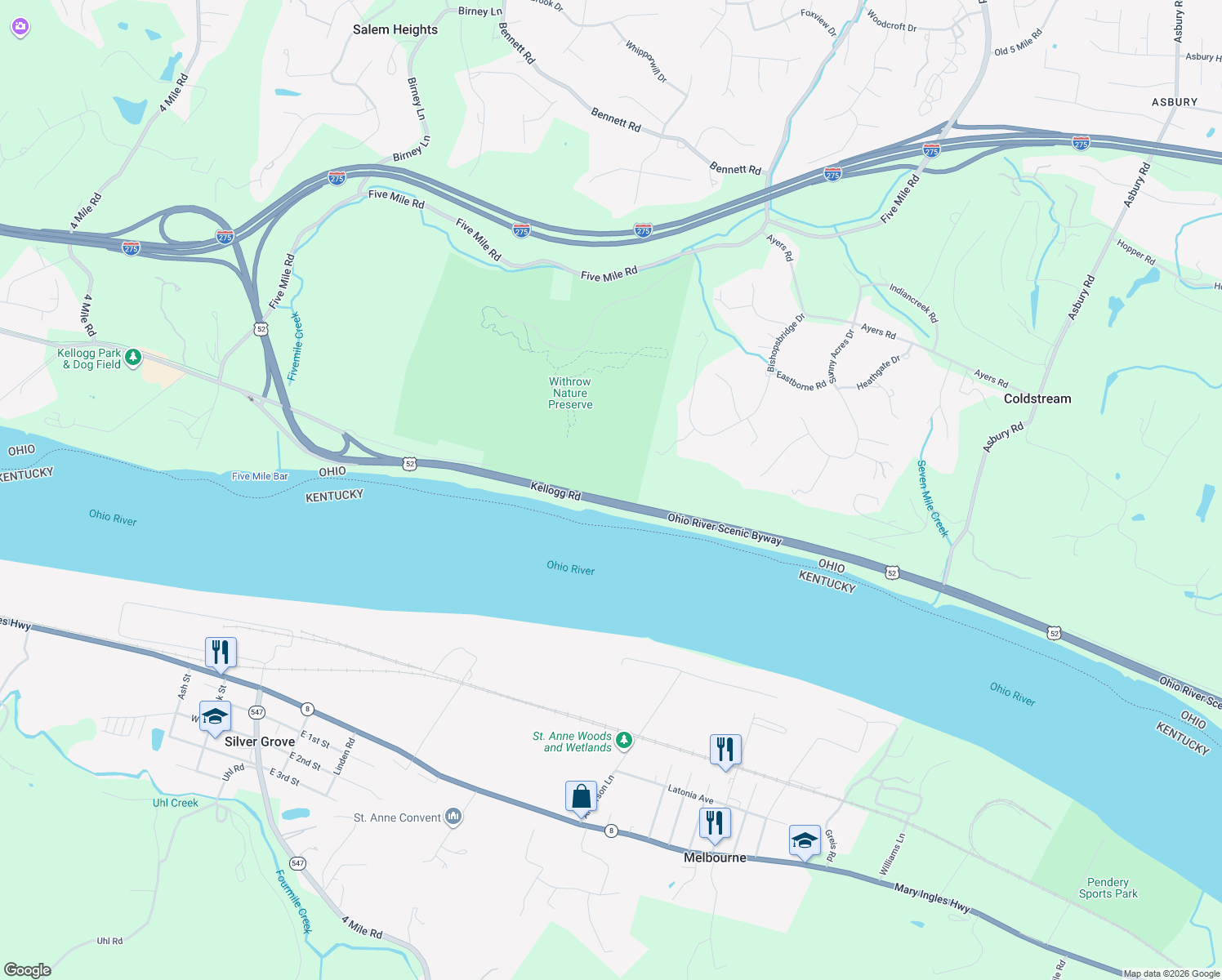 map of restaurants, bars, coffee shops, grocery stores, and more near 7118 Kellogg Road in Cincinnati