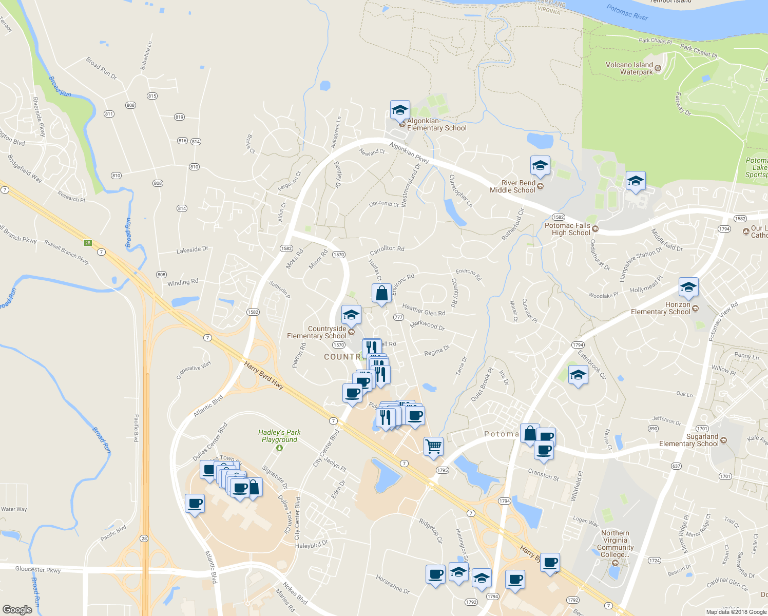 map of restaurants, bars, coffee shops, grocery stores, and more near 29 Berkeley Court in Sterling