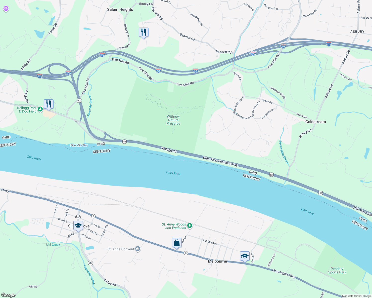 map of restaurants, bars, coffee shops, grocery stores, and more near 7118 Kellogg Road in Cincinnati