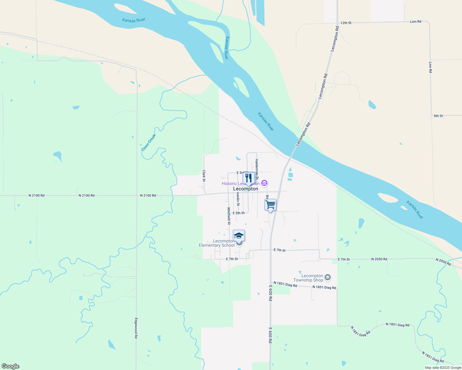 map of restaurants, bars, coffee shops, grocery stores, and more near 332 Whitfield Street in Lecompton