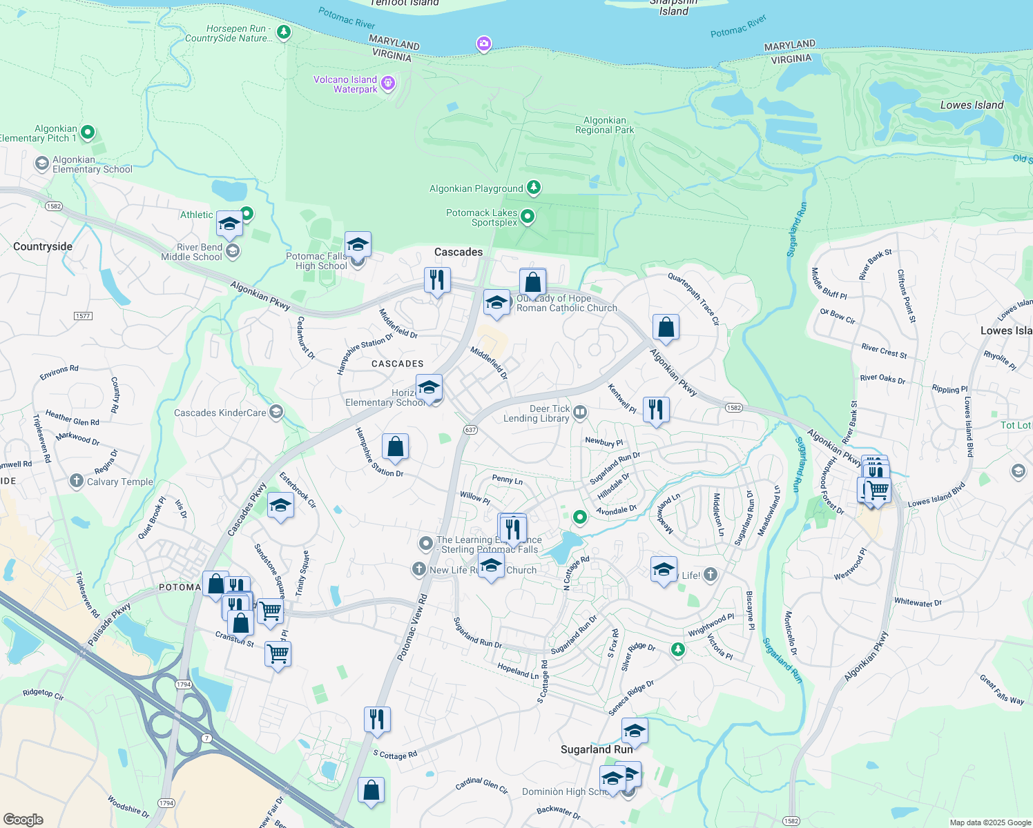 map of restaurants, bars, coffee shops, grocery stores, and more near 46810 Willowood Place in Sterling