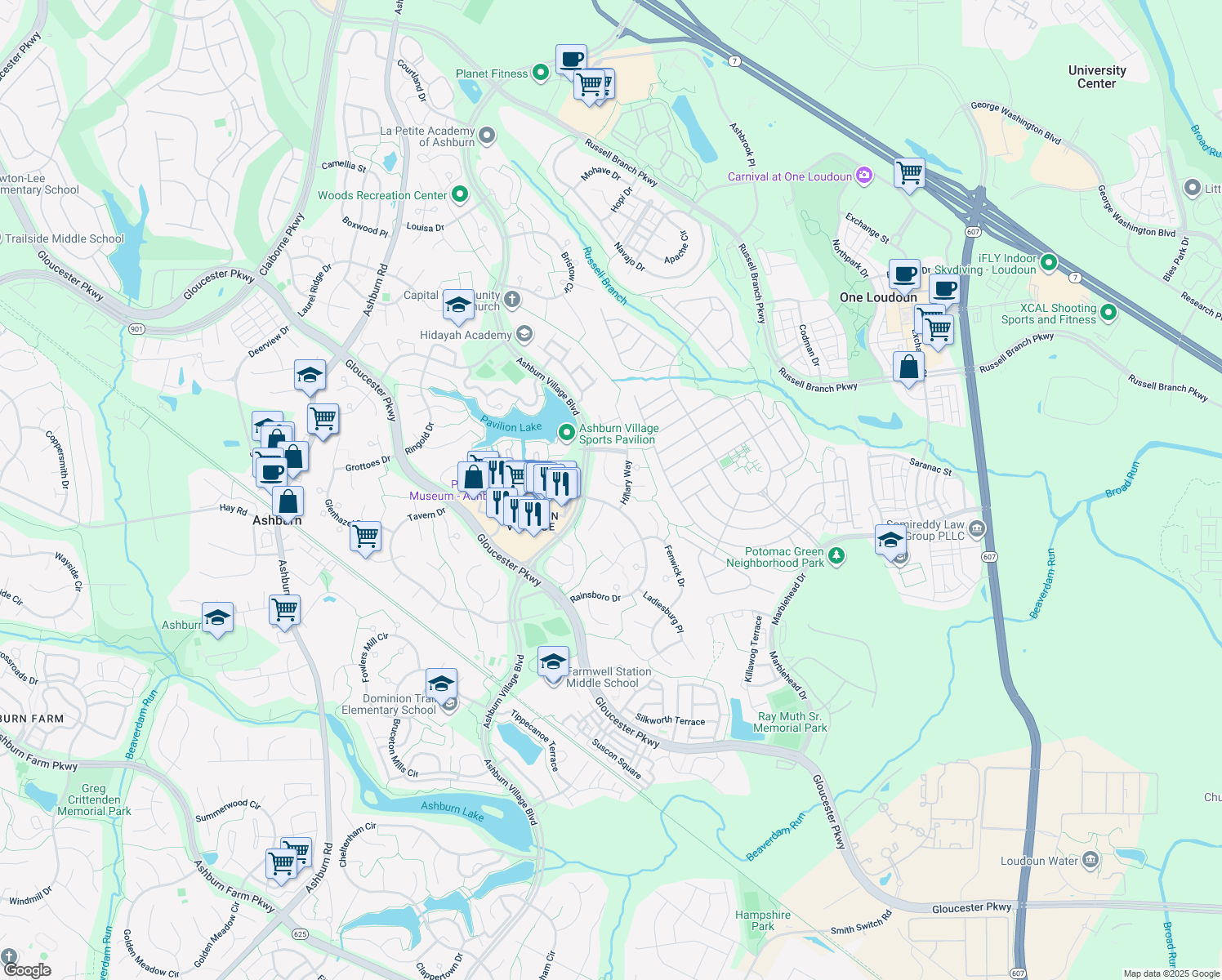 map of restaurants, bars, coffee shops, grocery stores, and more near 44269 Cobham Station Court in Ashburn
