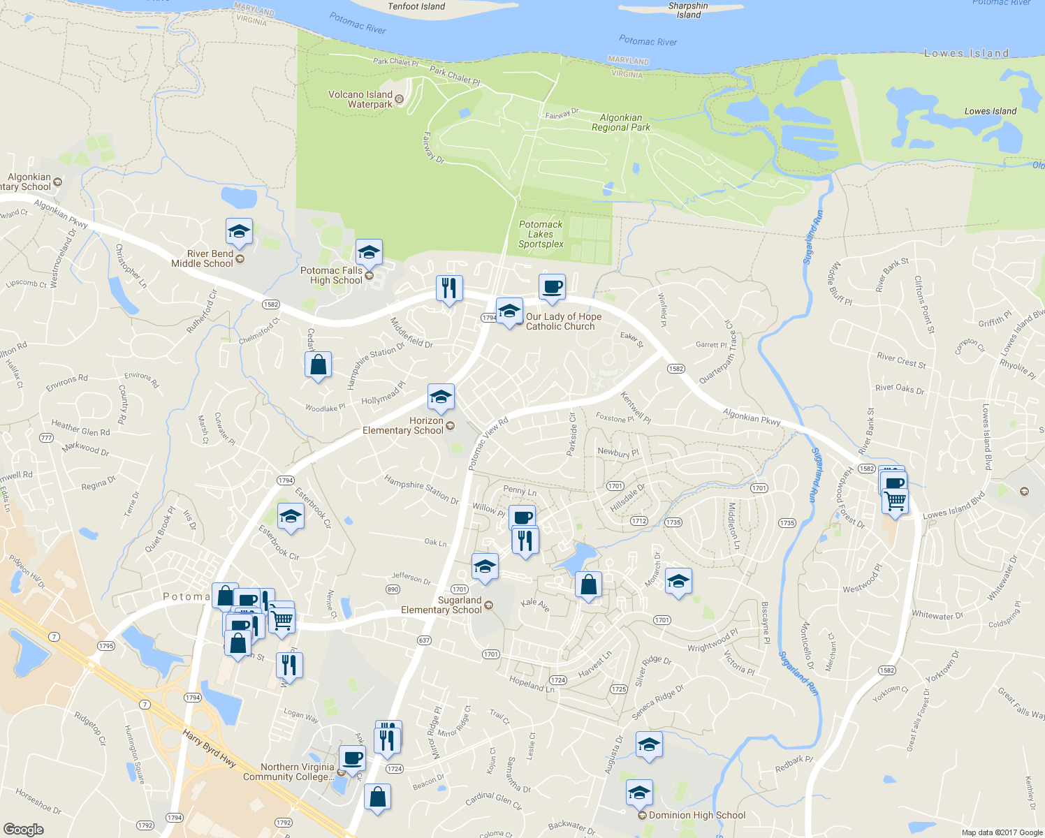 map of restaurants, bars, coffee shops, grocery stores, and more near 46798 Willowood Place in Sterling